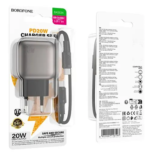 СЗУ Borofone BAS53A Absolute PD20W (1USB-C) + кабель Type-C to Type-C - фото 3
