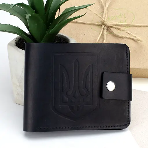 Кошелек мужской кожаный черный HC-0043-1 матовый с гербом Украины на кнопке - фото 1