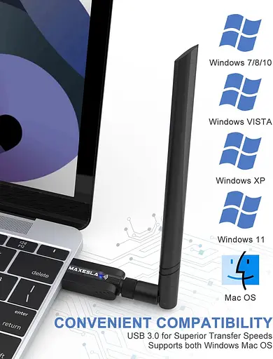 USB-адаптер Maxesla Wi-Fi для ПК, высокоскоростной USB-адаптер Wi-Fi со скоростью 1200 Мбит/с, 802.11ac - фото 3