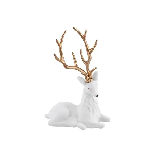 Декоративная новогодняя фигура Олень 20см сидячий с флоковым покрытием и глянцевыми рогами Белый с золотым - фото 1