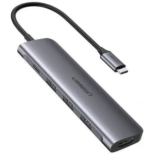 Конвертор сигнала Ugreen CM136 Type-C-HDMI, 3xUsb 3.0, Type-C PD (70495) Space Gray - фото 1