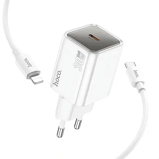 Сетевое зарядное устройство Hoco N47 GaN PD30W Type-C + кабель Type-C Lightning белый