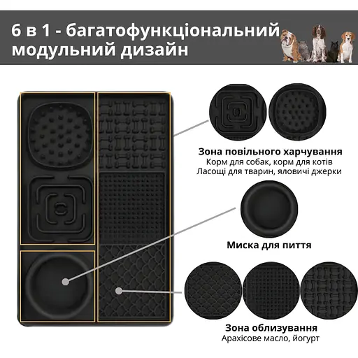 Миска-лизальний килимок для собак та котів для повільного годування ПУХНАСТЕ ЩАСТЯ Чорний - фото 2