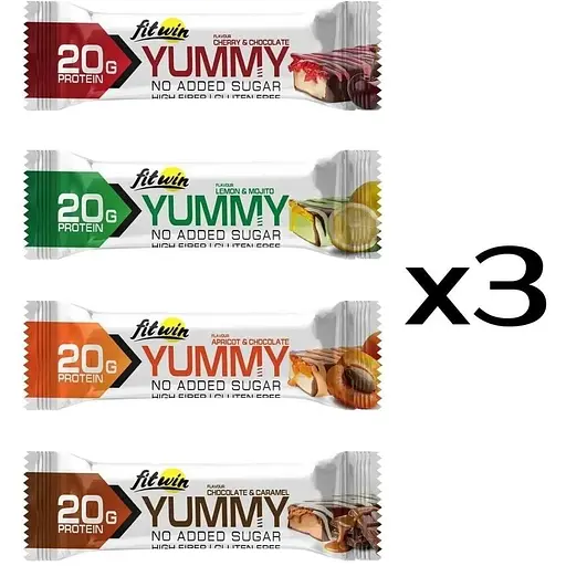 Мікс батончиків FitWin YUMMY Bar 36% no added sugar, 12*55 грам MIX