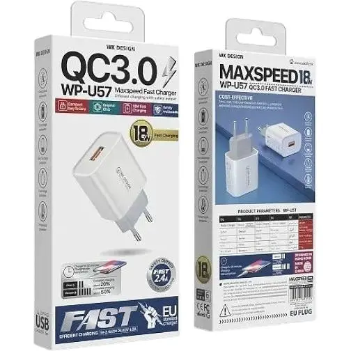 Сетевое зарядное устройство WK Design WP-U57 Smart Charge QC3.0/18W 1USB 5V/3.0A max White - фото 3