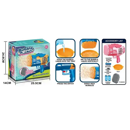 Пістолет з мильними бульбашками, акумулятор 3.7 V, зі світловими ефектами, з мильним розчином, USB кабель - фото 2