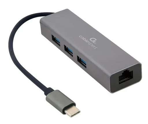 Мережевий адаптер USB Cablexpert A-CMU3-LAN-01, с USB-С на Gigabit Ethernet, 3 Ports USB 3.1 Gen1 (5 Gbps), 1000 Mbps, метал, сірий - фото 1