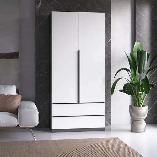 Шафа для одягу Vays M-30 Антрацит-Білий фасад, 2 шухляди, з штангою та полицями, ЛДСП, 100×50×220 см – для спальні, вітальні, передпокою