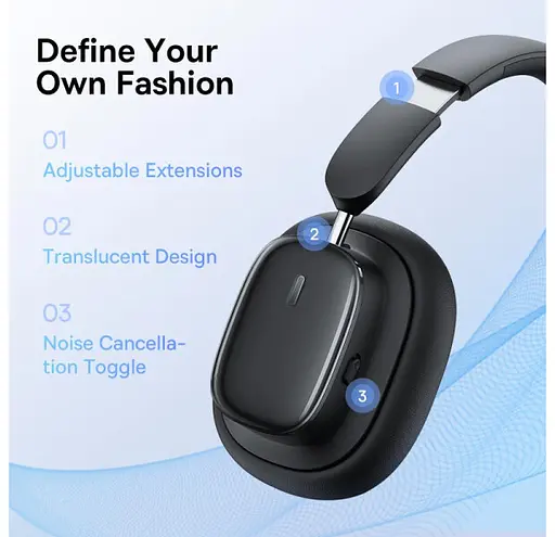 Накладні навушники Baseus Bowie H1i, Noise-Cancellation Wireless Headphones, BT5.3, 3.5mm, 600mAh, 100h, ANC, black - фото 10