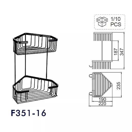 Полка угловая, двухъярусная с крючками Frap F351-16, Черный матовый - фото 4