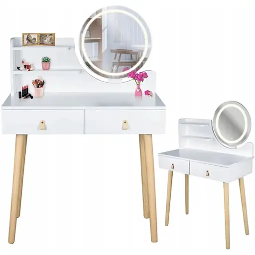 Туалетный столик Jumi Scandi LED подсветка, с ящиками, кожаные ручки, белый - фото 2