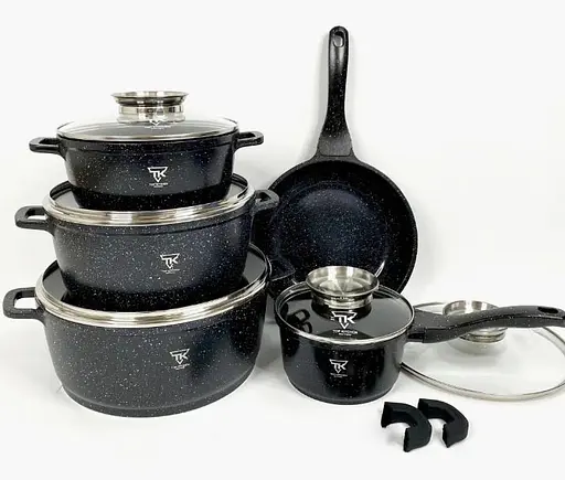 Набор кастрюль со сковородой и сотейником Top Kitchen TK-00020 с гранитным покрытием 12 предметов Черный - фото 3