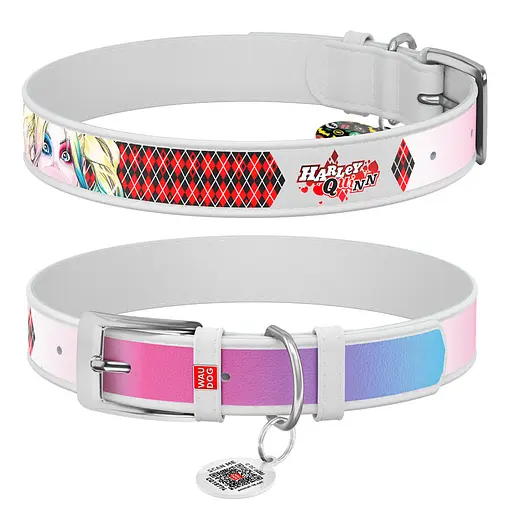 Ошейник для собак кожаный Waudog Design с QR-паспортом "Харли Квин" Ш 20 мм Д 29-38 см белый
