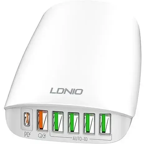 Зарядний пристрій адаптер 6 портів Ldnio A6573C 5 USB + 1 Type-C 65 ВТ - фото 1