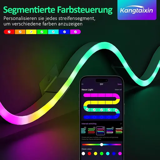 Kangtaixin 3.3FT/1M Світлодіодні неонові мотузкові світильники, RGB LED Strip Lights Керування застосунком, синхронізація музики - фото 3