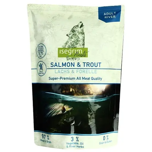 Уценка. Набор влажного корма для взрослых собак Isegrim Adult Pouch Roots Multipack II Duoprotein: Лосось и форель, Утка с сердечками, Олень и дичь 2.46 кг (6 паучей по 410 г) - фото 2