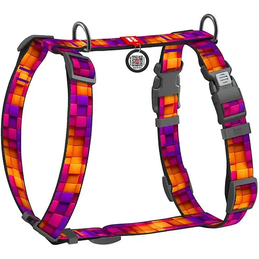 Шлейка для собак Waudog Nylon анатомическая H-образная с QR-паспортом, рисунок "Куби 3Д", пластиковый фастекс, L