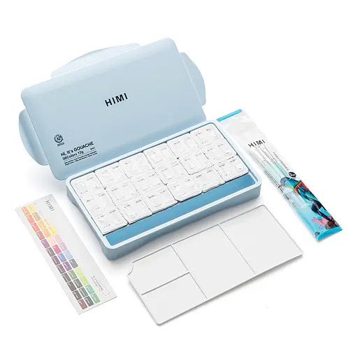 Набор гуашевых красок Twin Cup 36×12мл (в комплекте 3 кисти) синий пластиковый пенал HIMI - фото 8