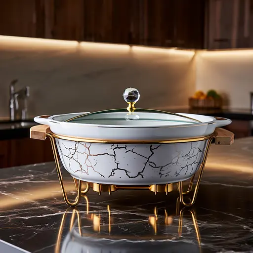 Мармит фарфоровый настольный круглый 2(л) мармитница с подогревом Белый мрамор Yiwu LC-712 - фото 3