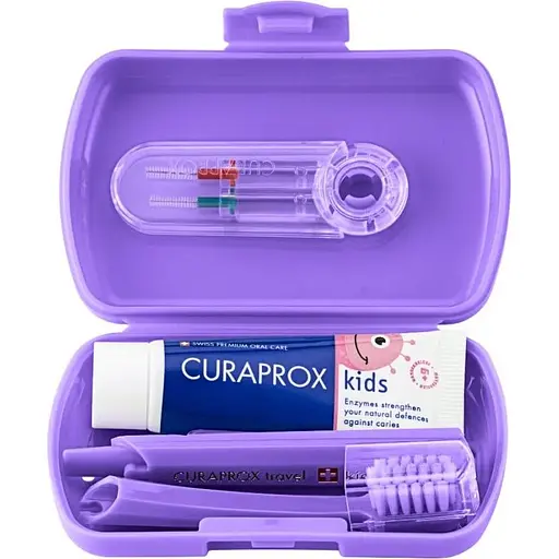 Дорожный набор Curaprox Kids фиолетовый: зубная щетка Kids + детская зубная паста 10 мл + ершики 2 шт.