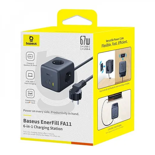 Сетной фильтр Baseus EnerFill FA11 Cube Power Strip (3xAC + USB + 1xType-C 67W) (1,5 м) черный (E00082100123-00) - фото 2