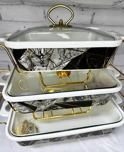 Набор из 3-х мармитов керамических прямоугольных Kitchen с крышками из стекла Витраж Золотой - фото 2