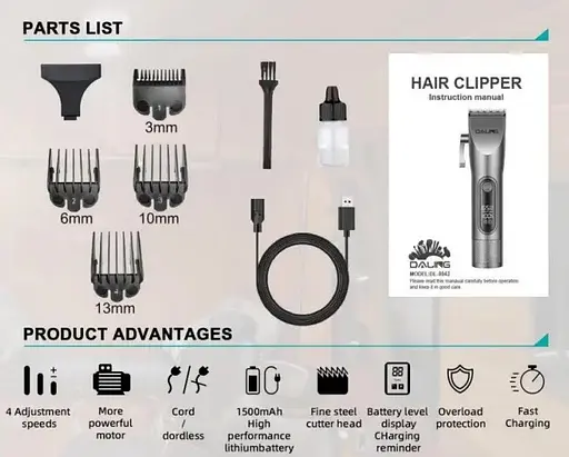 Аккумуляторная мужская машинка для стрижки волос Daling DL-0043 5Вт мощность 2000 мАч ЖК дисплей Серый - фото 3