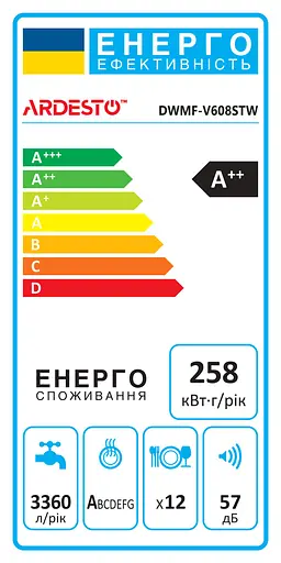 Посудомоечная машина Ardesto 12компл. А++ 60см дисплей обработка паром белый - фото 9