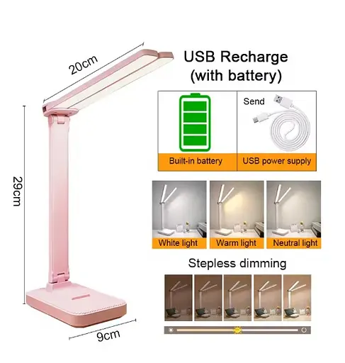 Настільна лампа зі акумулятором 2000 mAH, два плафона, сенсорним управлінням, поворотом на 180° Рожева  - фото 4