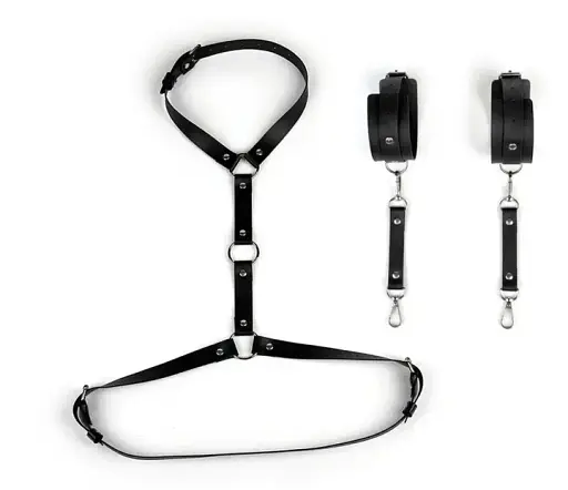 Портупея від шиї до запʼястя I’MCUM Neck to Wrist Bondage з наручниками за спиною Чорний (7970379617689) - фото 7