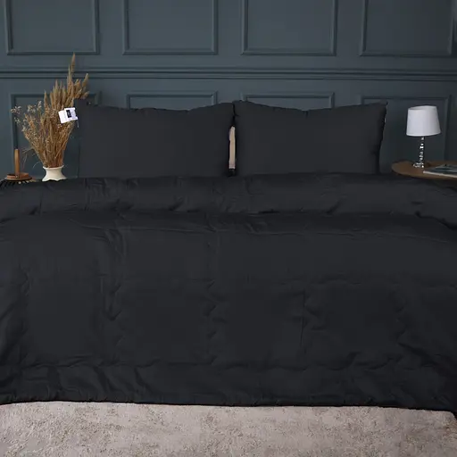 Летний постельный комплект MirSon Line Satin Light Pro Black Шерсть Семейный (2200010980776) - фото 1
