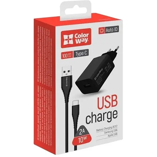 Зарядний пристрій ColorWay 1USB AUTO ID 2A (10W) + cable Type C USB Black