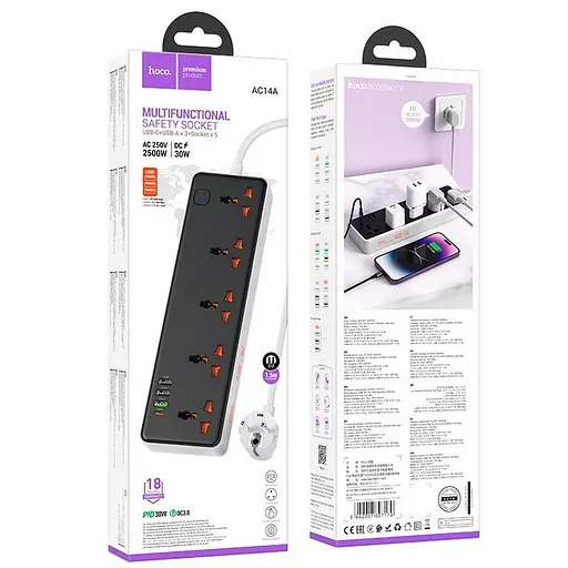 Удлинитель сетевой Hoco Rico 5-position socket AC14A 3USB/1Type-C, PD/QC, 3A/30W - фото 2
