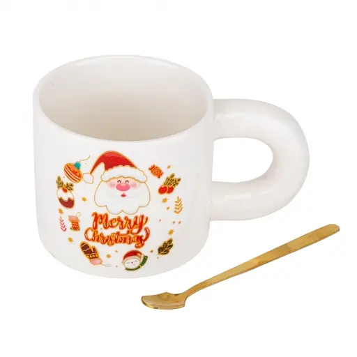 Чашка новогодняя Elisey 9150-021-3 Funny Santa керамическая с ложкой 300 мл Белая - фото 2