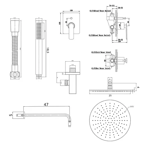 Душова система Kohlman Experience 25 brushed gold + BOX прихованого монтажу QW210EGDBR25, Золотий - фото 2