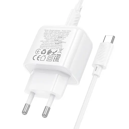 МЗП Hoco CS55A Surplus PD30W+QC3.0 (1USB-A/1C) + кабель Type-C to Type-C White - фото 7