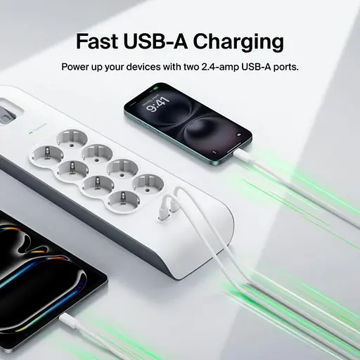 Сетевой фильтр 8хТип F, 3x1,5 мм², 16 А, 2xUSB-A 2,4 А, с защитой от перенапряжения, 2 м, белый (BSV804VF2M-V2) - фото 7