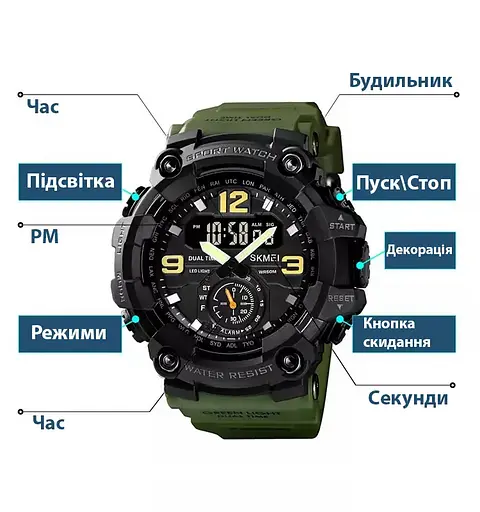 Чоловічий спортивний наручний годинник Skmei 1637 водонепроникні (Зелений) - фото 7