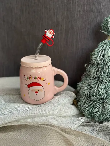Чашка новогодняя Olens 102-1082-3 Санта керамика с крышкой и трубочкой 460 мл Розовая - фото 2