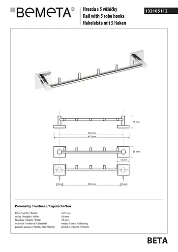 Тримач для рушника з гачками Bemeta Beta 132105112 Хром - фото 2