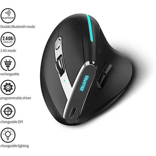 Вертикальна миша бездротова Zelotes F-36 з акумулятором та RGB підсвічуванням 2.4G + Bluetooth Black - фото 3