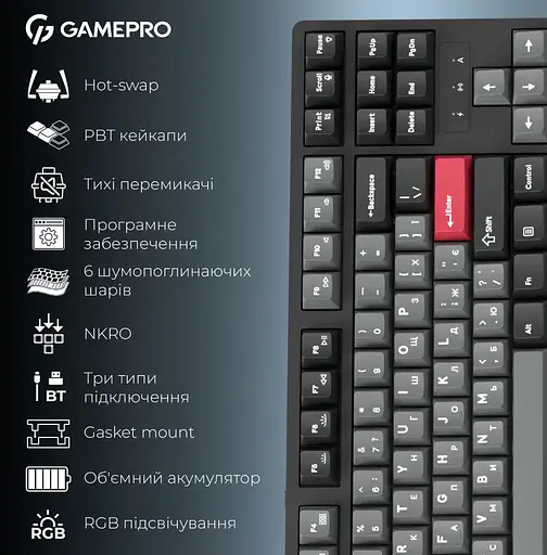 Игровая клавиатура механическая GamePro MK-285-BK Asgard Ragnar Keychron Super Red Switch Bluetooth 5.2/2.4 ГГц/USB Black - фото 3