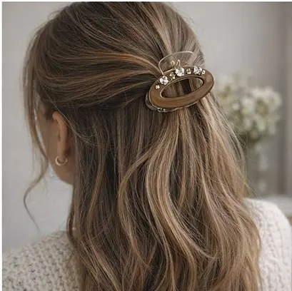 Заколка-крабик овальная 4 см со стразами Fashion пластиковая с пружинным зажимом Коричневый - фото 2