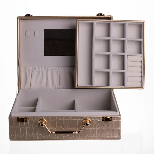 Скринька для прикрас з екошкіри 19 відділень із дзеркалом 23.5×14×8 см органайзер для прикрас Золотистий Yiwu HP-5-20GOLD - фото 5