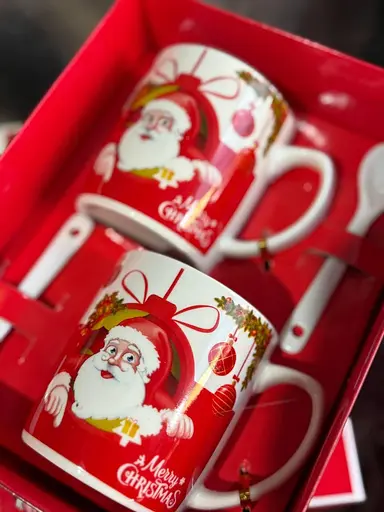 Набор новогодний С Рождеством керамическая Чашка 2 шт и ложечка 2 шт 200 мл Белая с красным - фото 3