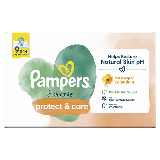 Уцінка. Дитячі вологі серветки Pampers Harmonie Calendula 396 шт. (9 уп. по 44 шт.)  - фото 2