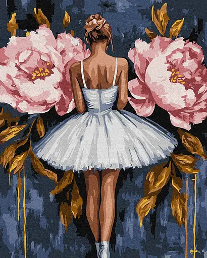 Набор для рисования по номерам "Балерина з рожевими півоніями з фарбами металiк extra" Ideyka 40х50см КНО8662