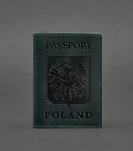 Кожаная обложка для паспорта с польским гербом зеленая Crazy Horse - фото 1