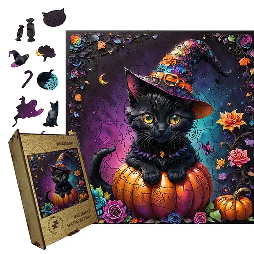 Пазл деревянный волшебник на тыкве, А3, 200 элементов, картонная коробка.