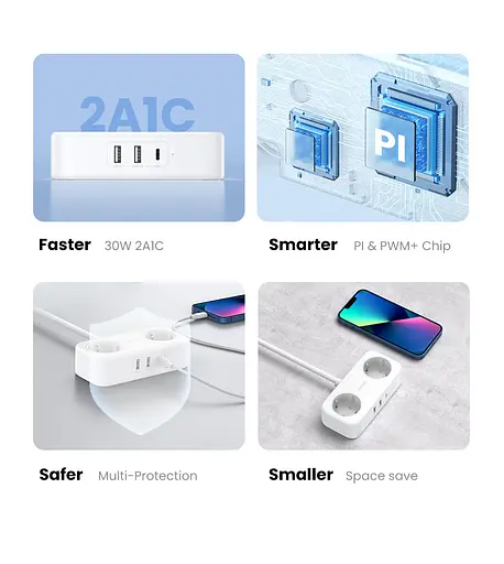 Мережевий зарядний пристрій Ugreen CD280 GaN DigiNest Life 2*USB-A+1*USB-C 30W 1.8m EU білий(50683) - фото 2
